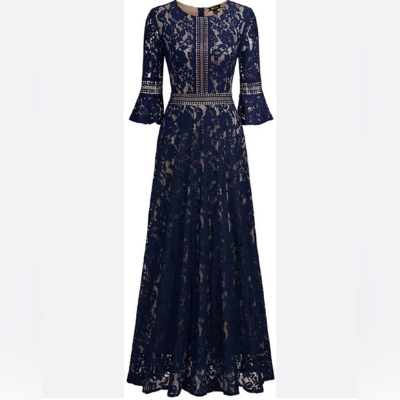 MISSMAY Dresses & Skirts - MISSMAY Retro maxi A-line Navy lace dress bell sleeves size XXL